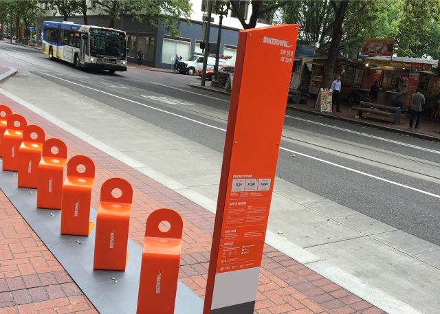 This station at SW and Oak is on the transit mall. The lane closest to the rack however, is off-limits to bicycles.