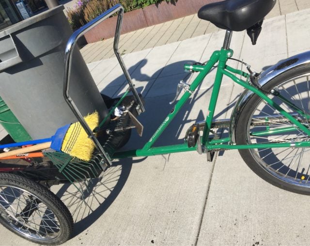 The trike can be pedaled or pushed by hand. Eric says he plans to add a tool rack soon.