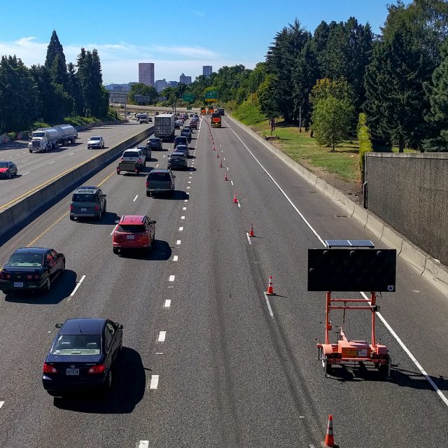 Heavy car traffic on I-5 South seen from the Failing St. Bridge; Fremont Bridge was closed to southbound traffic.