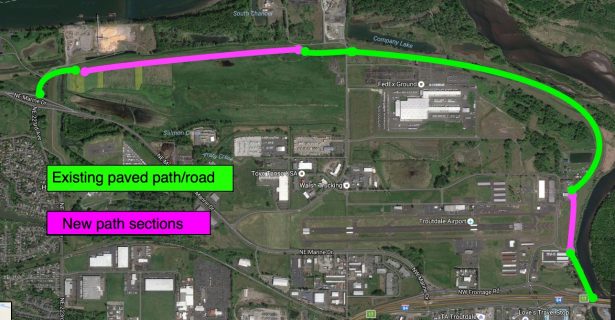 BikePortland sketch of forthcoming (purple) and existing (green) paths and roads.