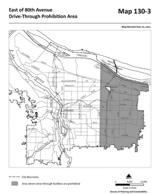 Bureau of Planning and Sustainability map showing proposed area of new drive-through ban.