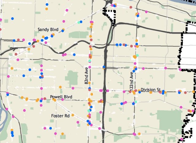 City of Portland map (draft) showing drive-through locations. Different colors correspond to different type of businesses.