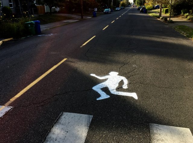 A marking on southbound North Greeley at Bryant to commemorate the death of Stanley Grochowski.(Photo: J. Maus/BikePortland)