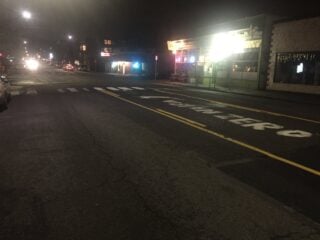 The center turn lane on Hawthorne at 43rd is now available for driving on after PBOT removed a makeshift memorial last night.(Photo: PDX Transformation/Twitter)