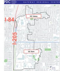 Map of PDC's Gateway Regional Center shows location of Halsey and Stark in relation to I-205.