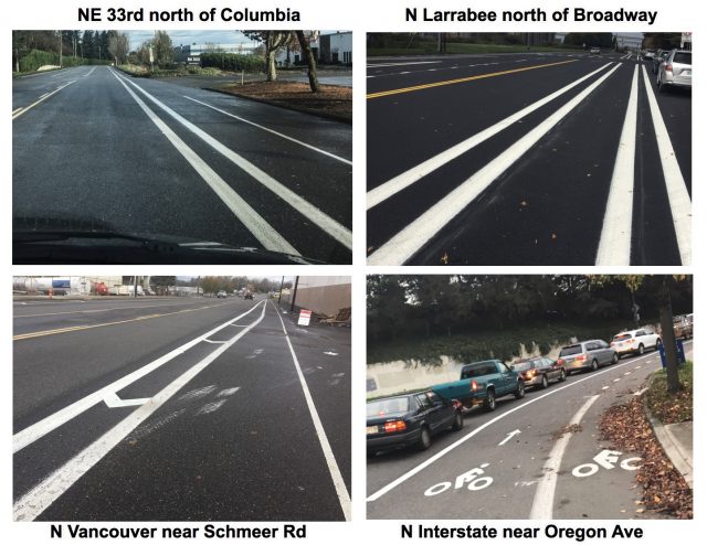 A few of the streets recently striped by PBOT to narrow standard lanes and provide more space for cycling-only lanes.(Photos: J. Maus/BikePortland)