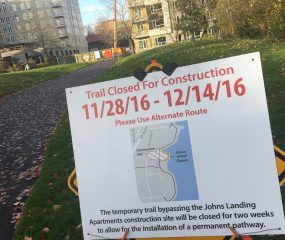 Willamette Greenway path closure through December 14th.(Photos: J. Maus/BikePortland)