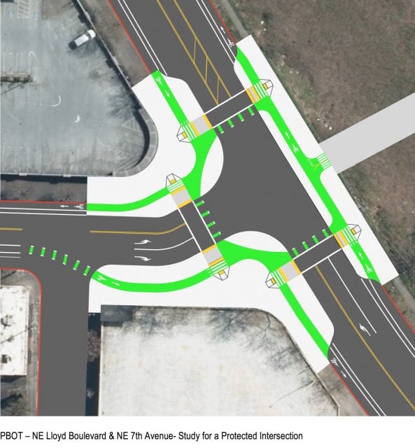 This is the "protected intersection" treatment PBOT wants to do on the north end of the bridge at the NE Lloyd and 7th Avenue intersection.