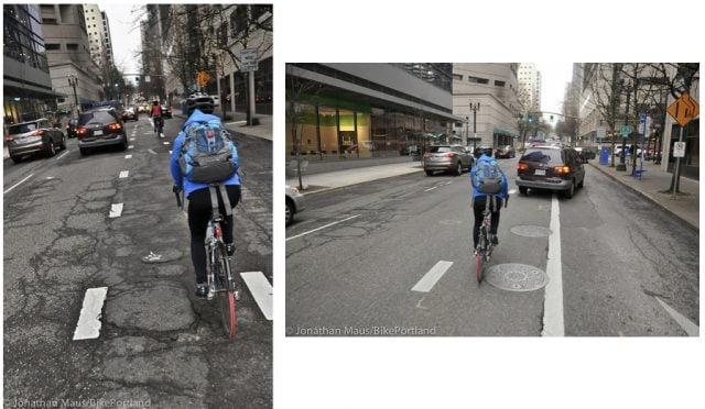 This bumpy and stressful block of Main will be much-improved by next year.(Photos: J. Maus/BikePortland) 