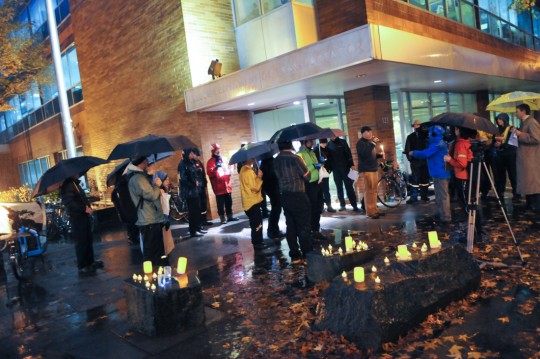 Put on by Livable Streets Action, an affiliate group of BikeLoudPDX. This vigil was held to remember the 409 people who have died on Oregon roads so far in 2015... and particularly Martin Greenough, who was killed five days ago while biking on NE Lombard.