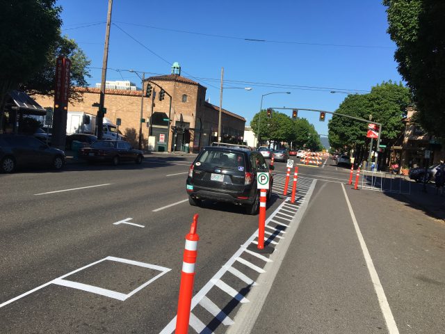 Another view of the floating parking lane with new striping. If only this could be done for the entire length of the project.