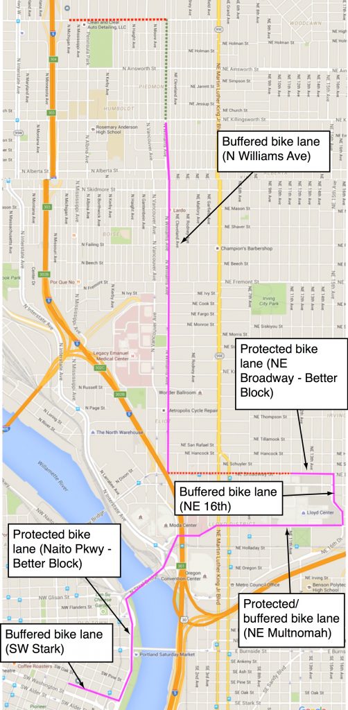 Purple lines are better-than-average bike lanes — either buffered or protected.