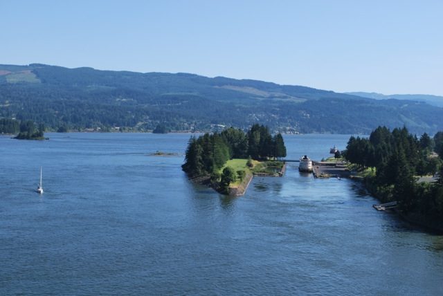 Thunder Island and lock canal from Bridge of the Gods.