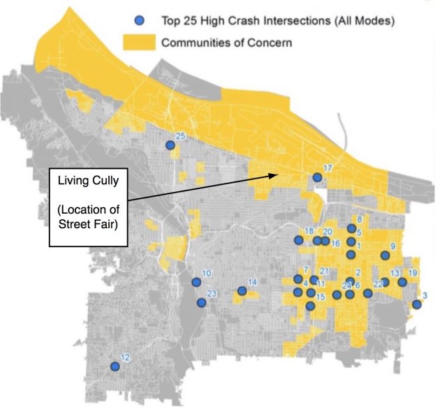 PBOT map showing "communities of concern." We've pointed out location of Living Cully.