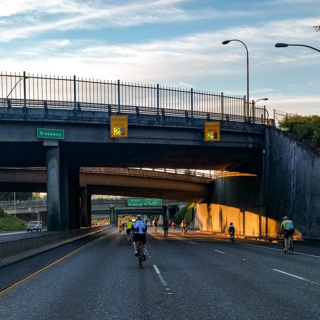 'Advisory speed' signs are set at 25mph. I'm taking that as a nod from ODOT to cyclists. (the signs appear 'broken' because cameras don't have persistence of vision)