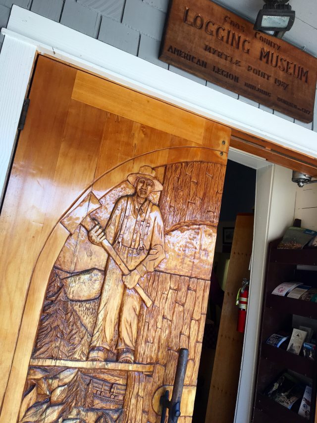 Carved doors of the Logging Museum.