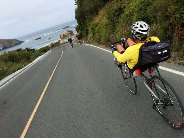 Rolling into the lunch stop at Harris Beach State Park.