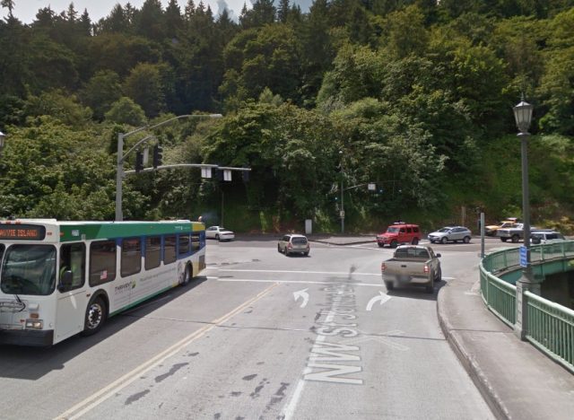 View of the west end of the St. Johns Bridge. Despite being a very popular and important bikeway, it's quite inhospitable for users not inside a motor vehicle.