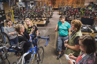 Tori Bortman holding court inside Western Bikeworks.(Photos: Gabriel Amadeus)