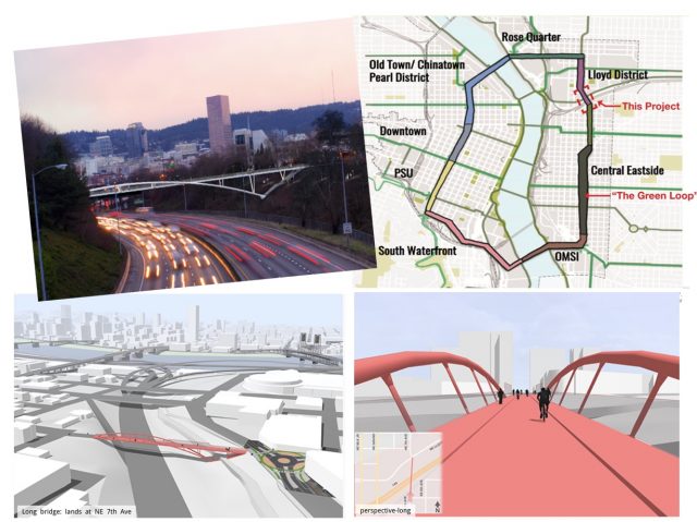 Renderings of the new bridge. (Map: KPFF; renderings by Fat Pencil Studio)