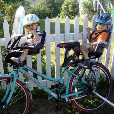 Two toddlers on a city bike