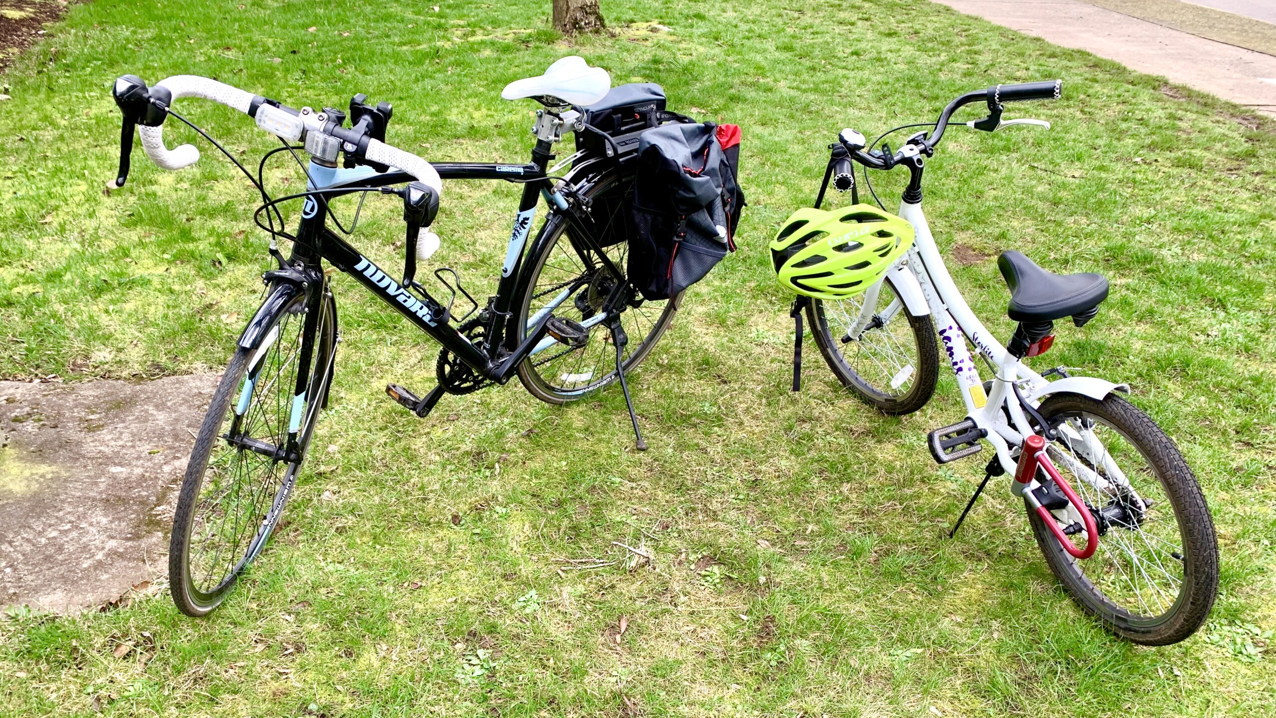 Adult and child’s bike on grass