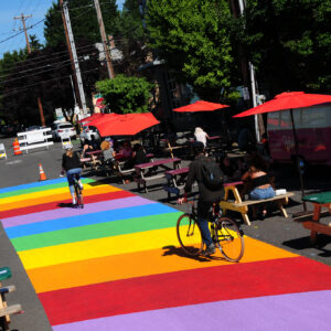 Carfree dining plaza on SE Ankeny