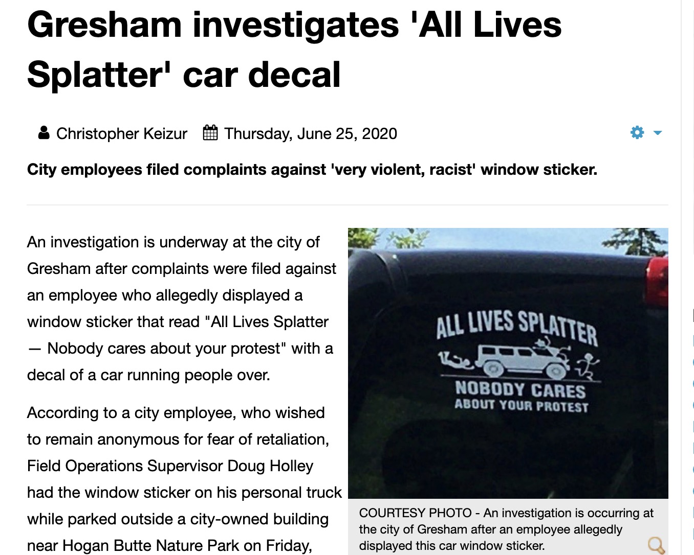 Gresham city employee under investigation for 'All Lives Splatter