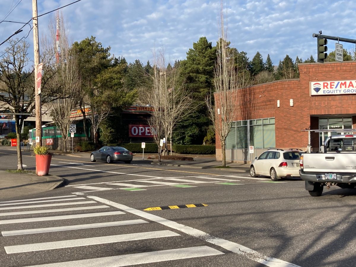 The left-turn calming nose forces drivers to begin their turn in the intersection box. (Photo: Lisa Caballero/Bike Portland)