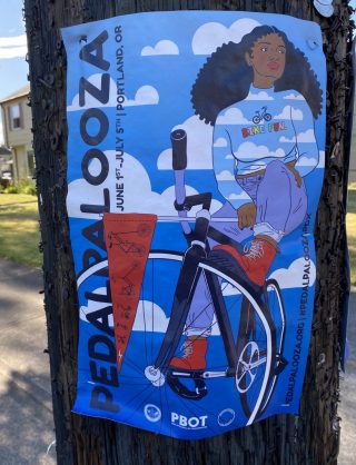 2020 Pedalpalooza poster featuring a woman on a bike in the clouds.