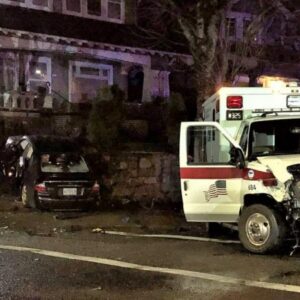 Photo of crash scene where an intoxicated driver hit an ambulance on E. Burnside on March 6th, 2021.