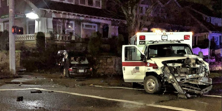 Photo of crash scene where an intoxicated driver hit an ambulance on E. Burnside on March 6th, 2021.