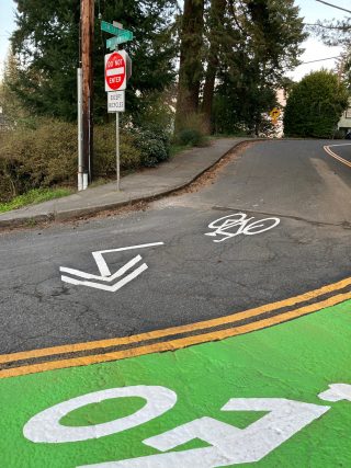 The mouth of Talbot is now one-way for drivers, two-way for bicycle riders.