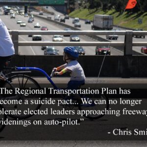 Image of family and kids on bikes and sidewalk on overpass with Interstate 5 freeway in the background.