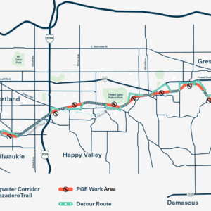 map provided by Portland General Electric that shows closure locations along Springwater Corridor between Boring and OMSI in Portland.