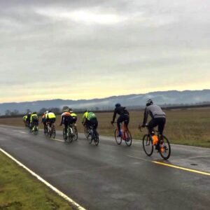 A line of bike riders on a rural road.