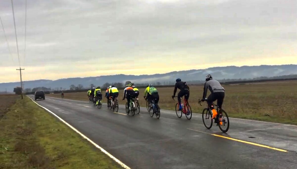 Pack of bike riders on a rural road