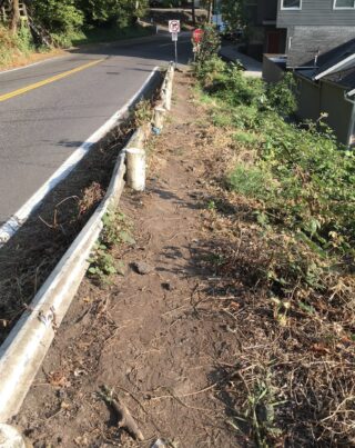 Road and guardrail next to dirt walking path.