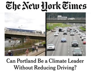 NY Times screengrab that says: "Can portland be a climate leader without reducing driving."