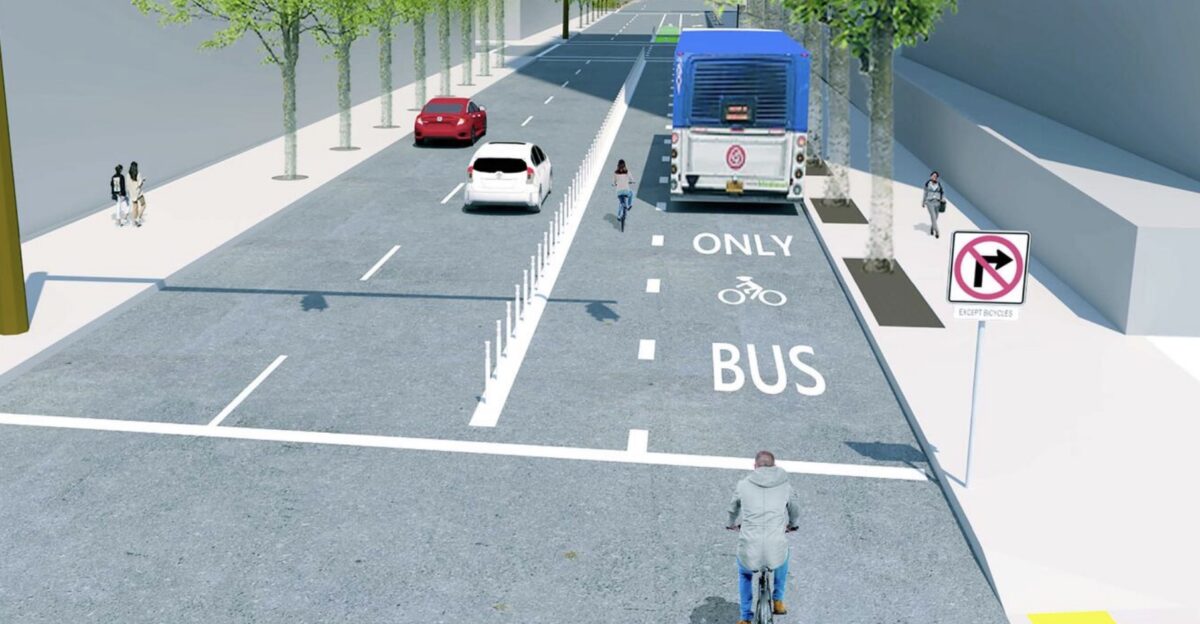 Illustration of a city street with cars, bike riders, and a bus.