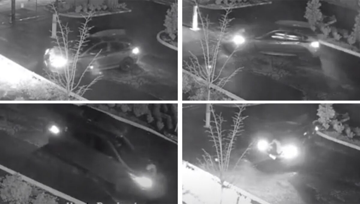 black and weight photos from a surveillance video show a car turning around in a parking lot