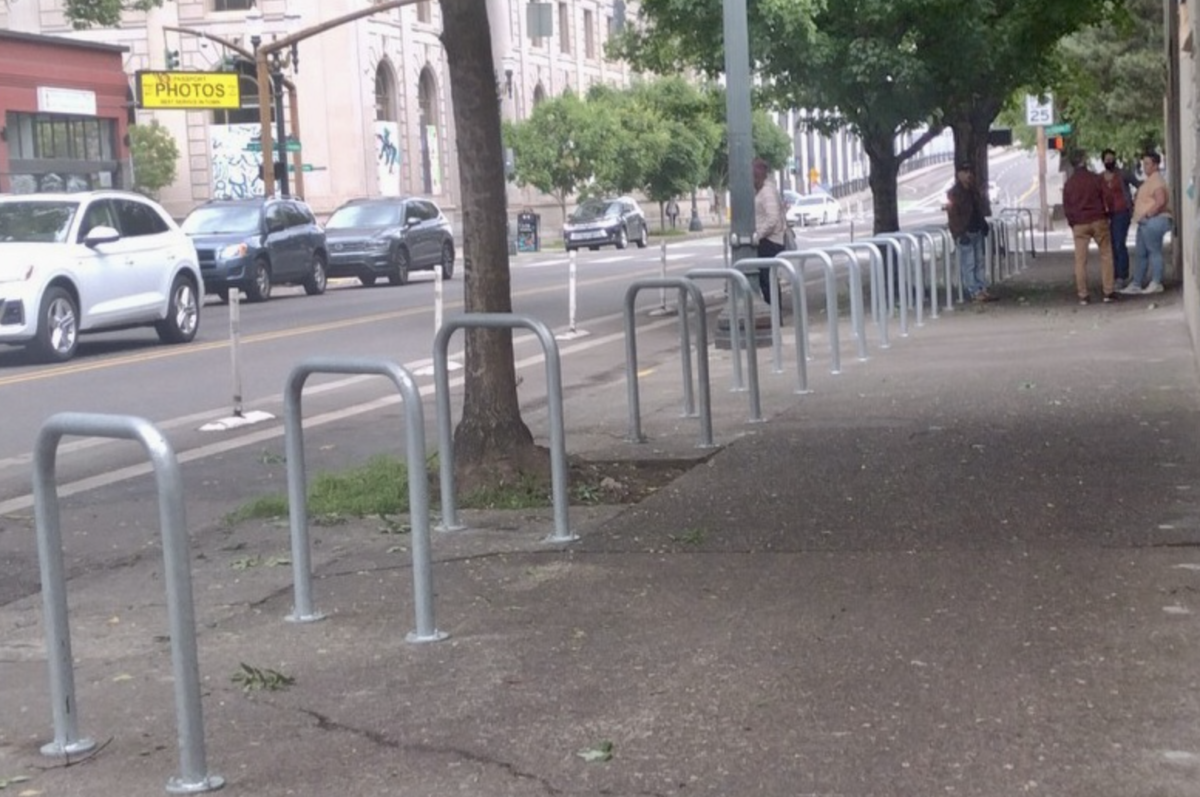 bike racks installed on a sidewalk in downtown Portland.