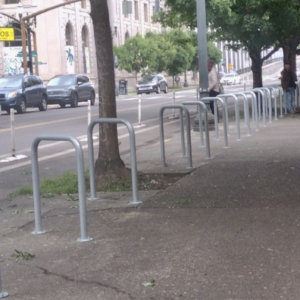 bike racks installed on a sidewalk in downtown Portland.