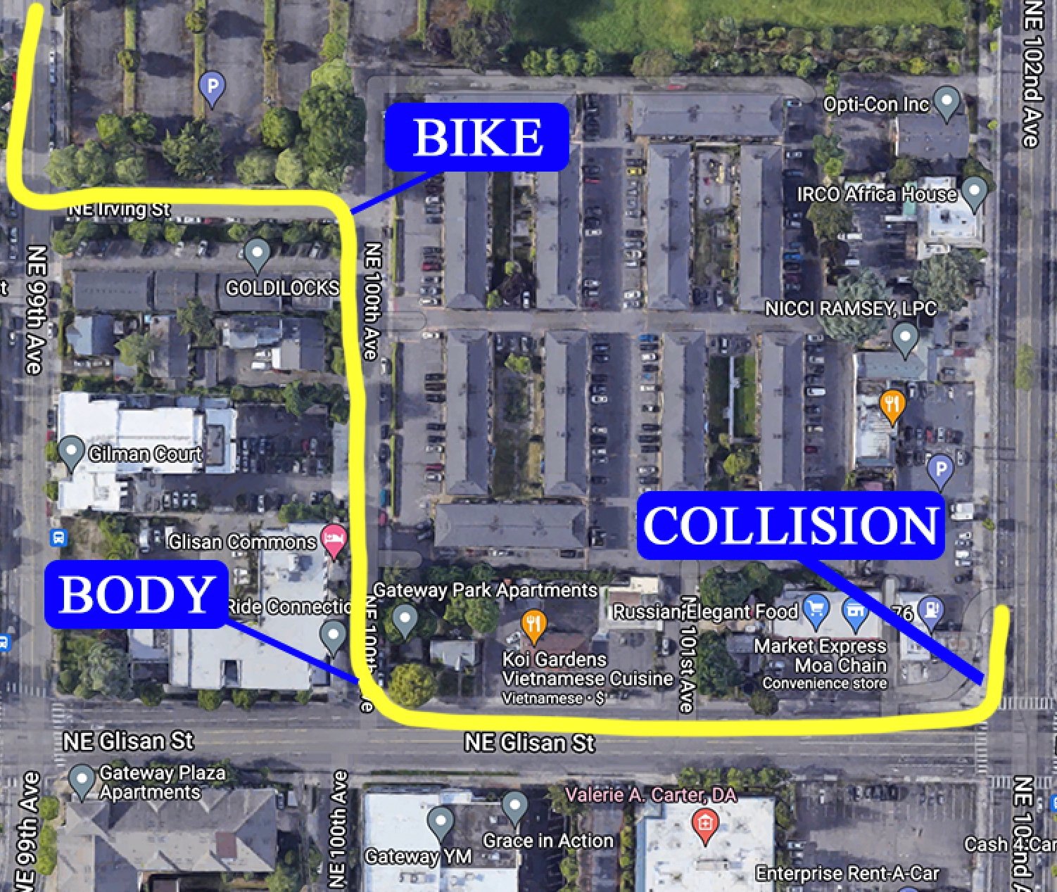 Google aerial map view of 102nd and Glisan.