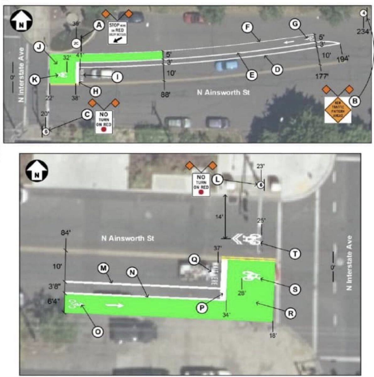 PBOT plan drawing for bike lane and bike box on N Ainsworth at N Interstate.